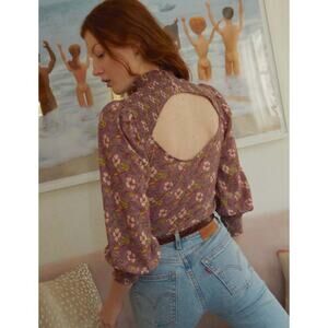 Nation LTD Sandrine Boheme Tee Floral Smocked Open Back Long Sleeve Blouse L